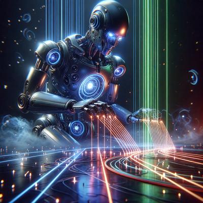 The primary subject of the image is a futuristic robot with a metallic appearance. The robot is positioned in a dark environment, possibly a space setting. The visual style of the image is digital art, as it appears to be a computer-generated or digitally rendered scene. The colors and mood of the image are predominantly dark and mysterious, with the robot being the main focal point.